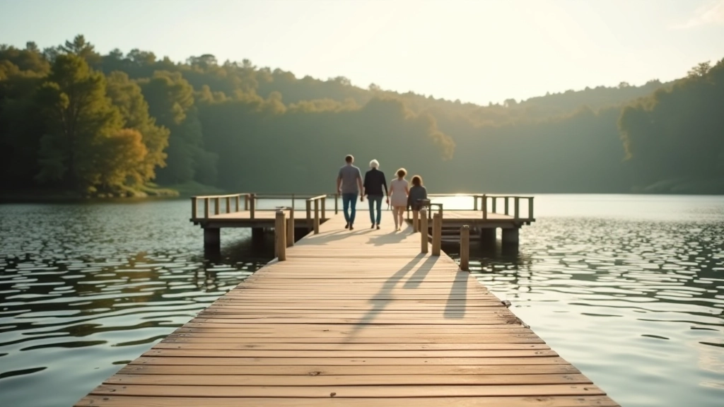 Aukštaitijos parko ežero pakrantė su mediniu tiltu ir žmonėmis